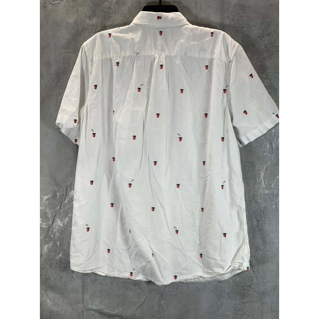 AMERICAN EAGLE Men's Tall White Red Cup Print Button-Up Short-Sleeve Shirt SZL/T