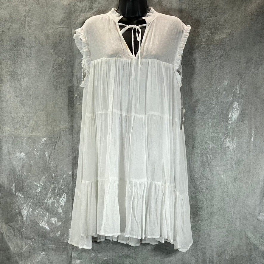 AND NOW THIS Women's White Split Tie-Neck Ruffle Tiered Mini Dress SZ M