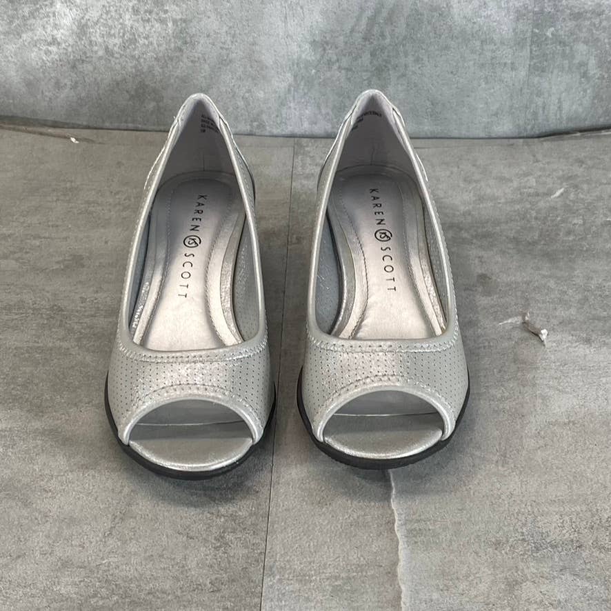 KAREN SCOTT Women's Silver Perforated Yaritza Open-Toe Wedge Slip-On Pumps SZ 5