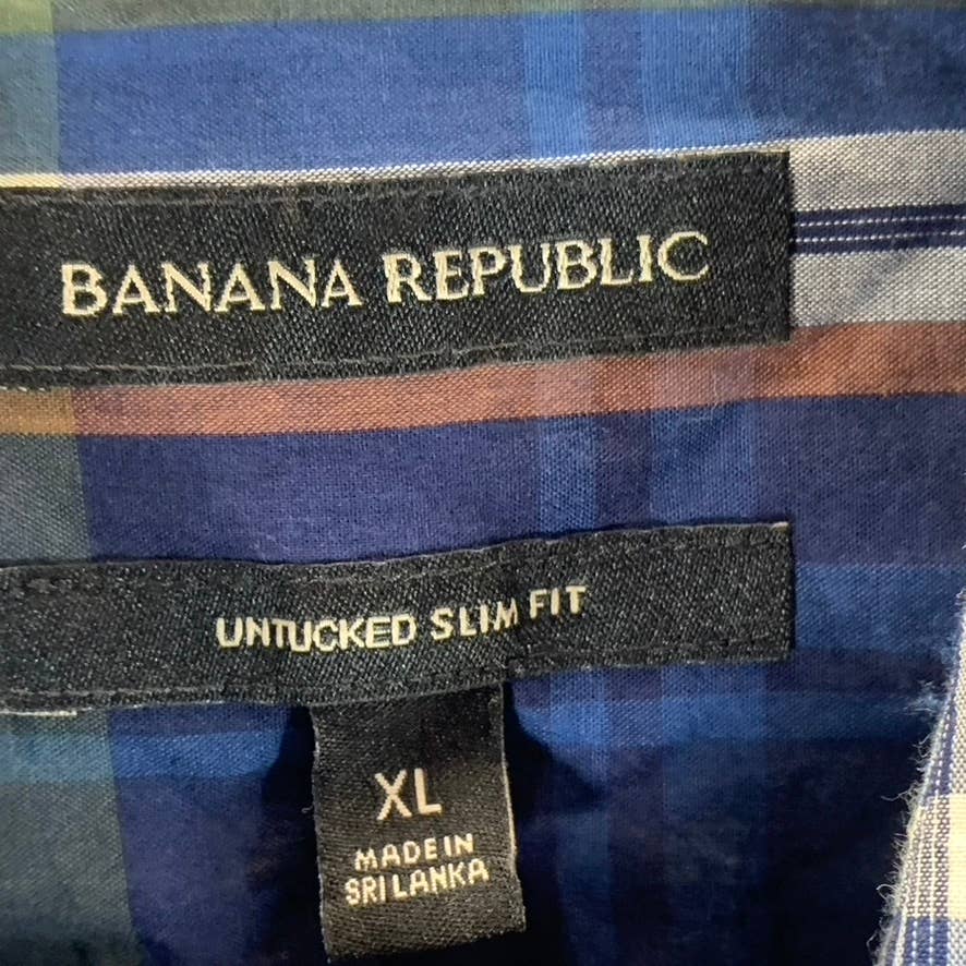 BANANA REPUBLIC Men's Navy/Green Untucked Slim-Fit Button-Up Flannel Shirt SZ XL