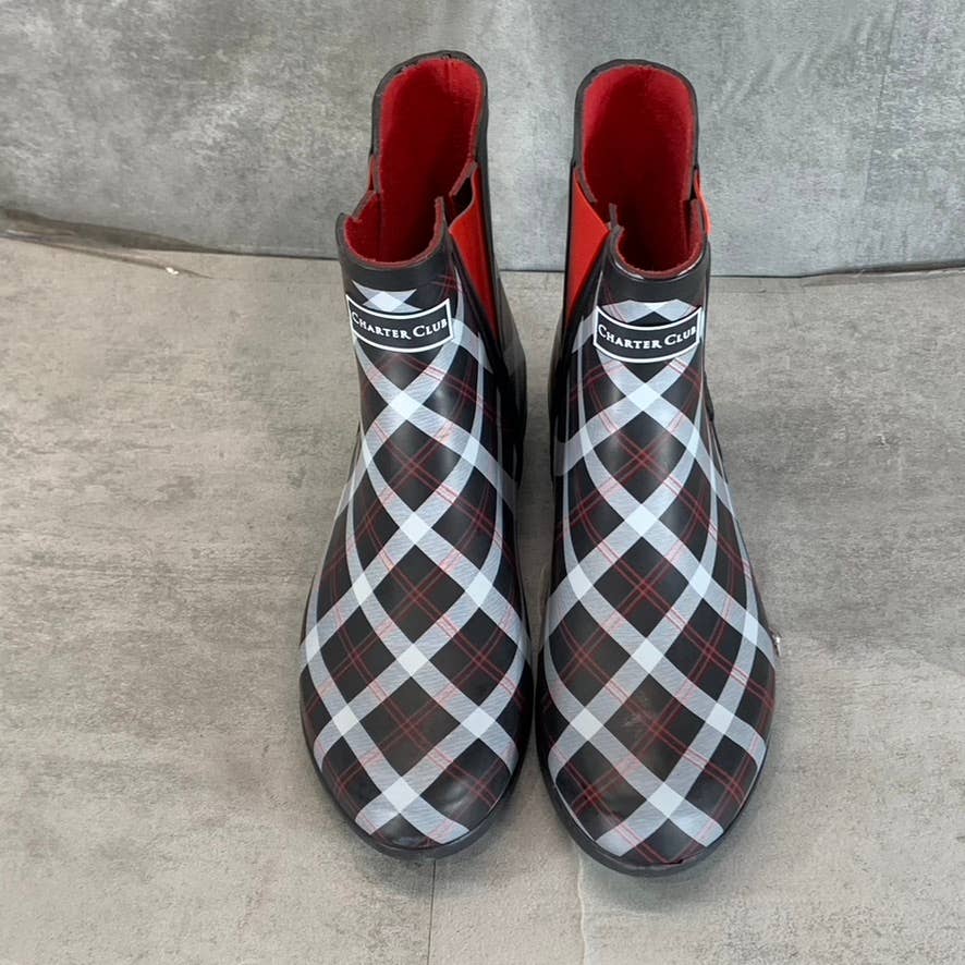 CHARTER CLUB Women's Black/Red Cloudburst Pull-On Rain Boots SZ 9