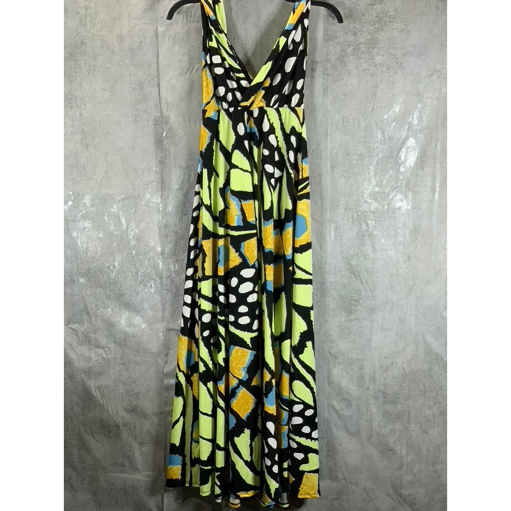 24SEVEN Comfort Apparel Women's Green Print Butterfly V-Neck Cap Sleeve Dress