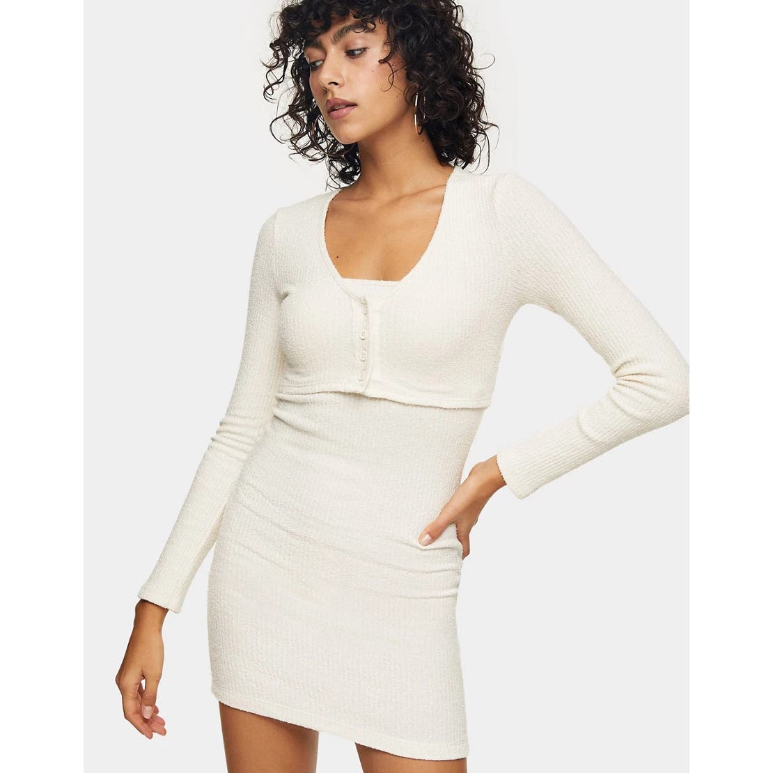 TOPSHOP Cream 2-Piece Scoopneck Cardigan Bodycon Mini Dress SZ 10