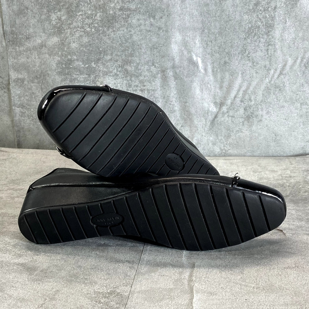ANNE KLEIN Women's Black Leather iFlex Maysel Slip-On Square-Toe Wedge Flats SZ 7.5
