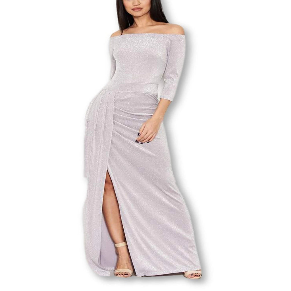 AX PARIS Pink Off The Shoulder Sparkle Maxi Slit Dress SZ 10