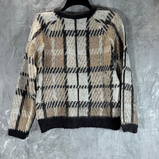 J.O.A Women's Tan Checkered Crewneck Mohair Wool Pullover Sweater SZ S