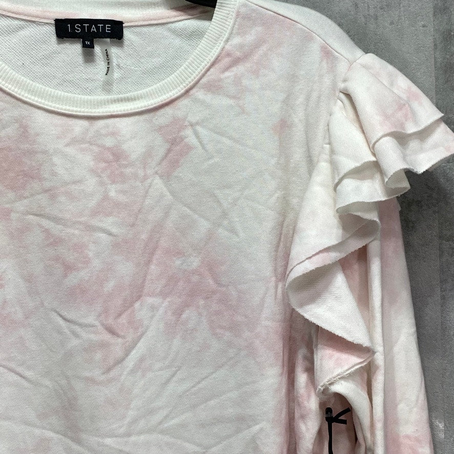 1. STATE Plus Size Pink Tie-Dye Ruffled Shoulder Crewneck Pullover Sweatshirt SZ 1X