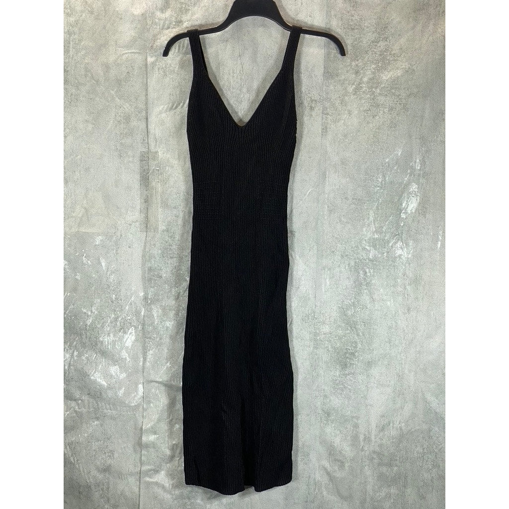GUESS Women's Jet Black V-Neck Ribbed Engineered Bodycon Midi Dress SZ S