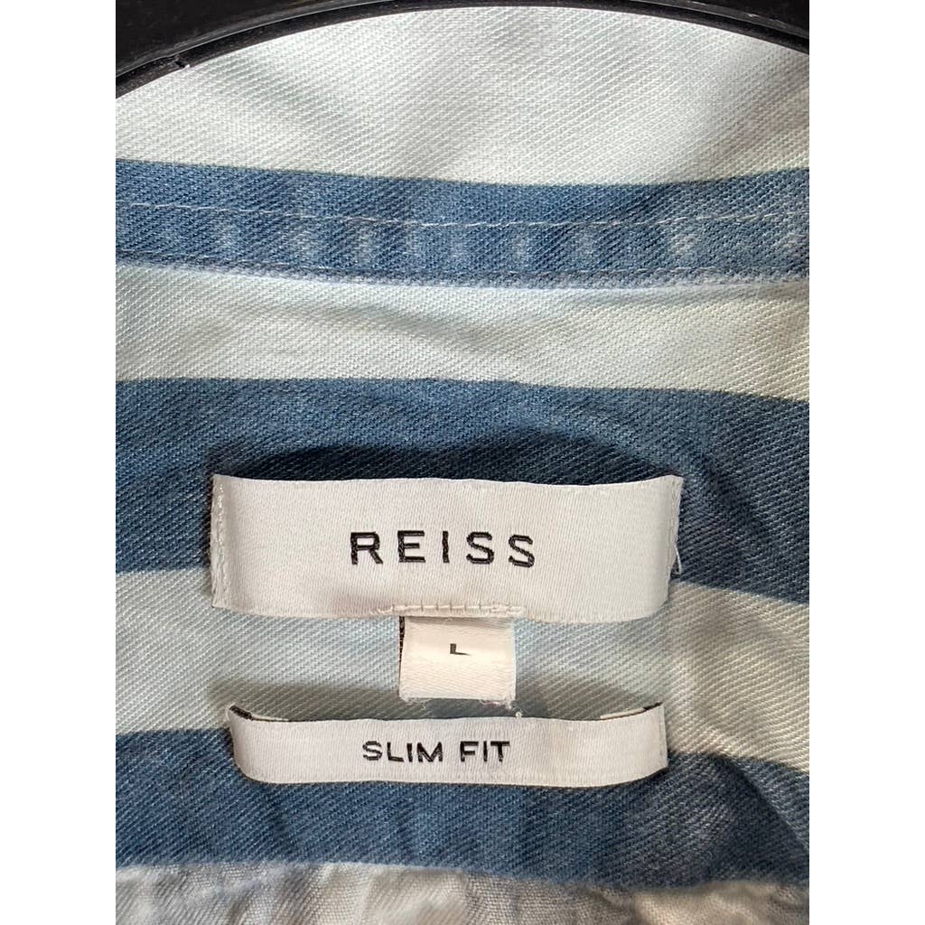 REISS Men's White/Navy Wide Stripe Slim-Fit Button-Up Long-Sleeve Shirt SZ L