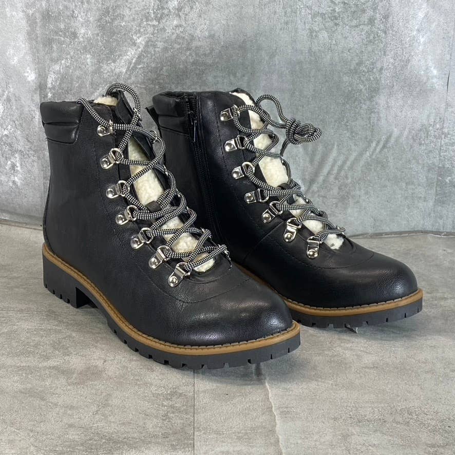 STYLE & CO Women's Black Faux-Leather Maariah Faux-Shearling Lace-Up Boots SZ 10