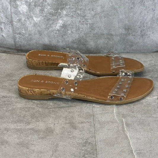 SUN+STONE Women's Clear Studded Easten 2 Slide-On Flat Sandals SZ 10