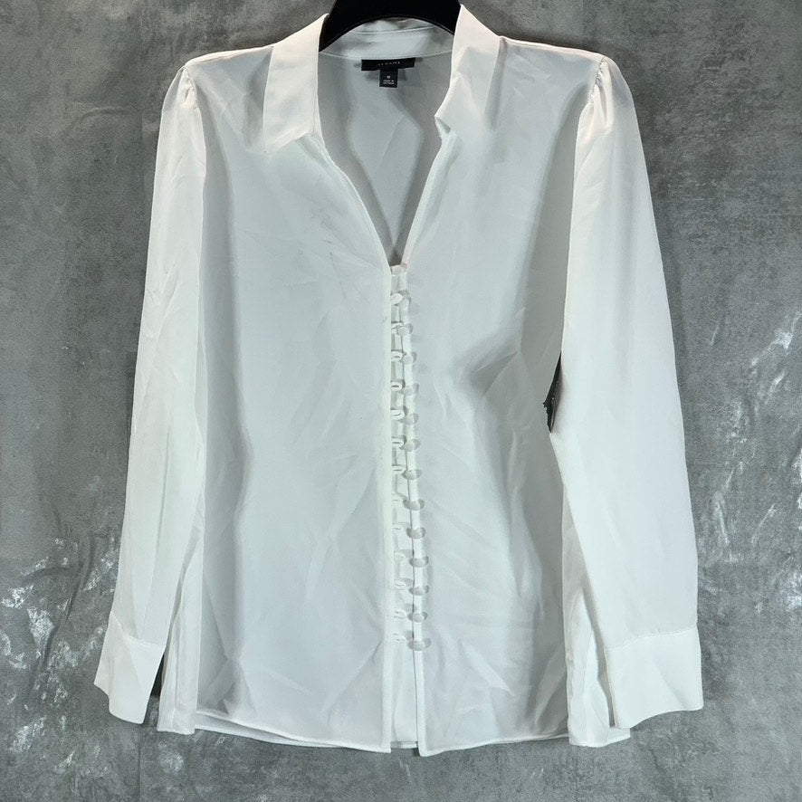 ALFANI Women's Bright White V-Neck Collared Button-Up Long-Sleeve Top SZ M