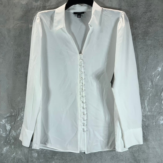 ALFANI Women's Bright White V-Neck Collared Button-Up Long-Sleeve Top SZ M