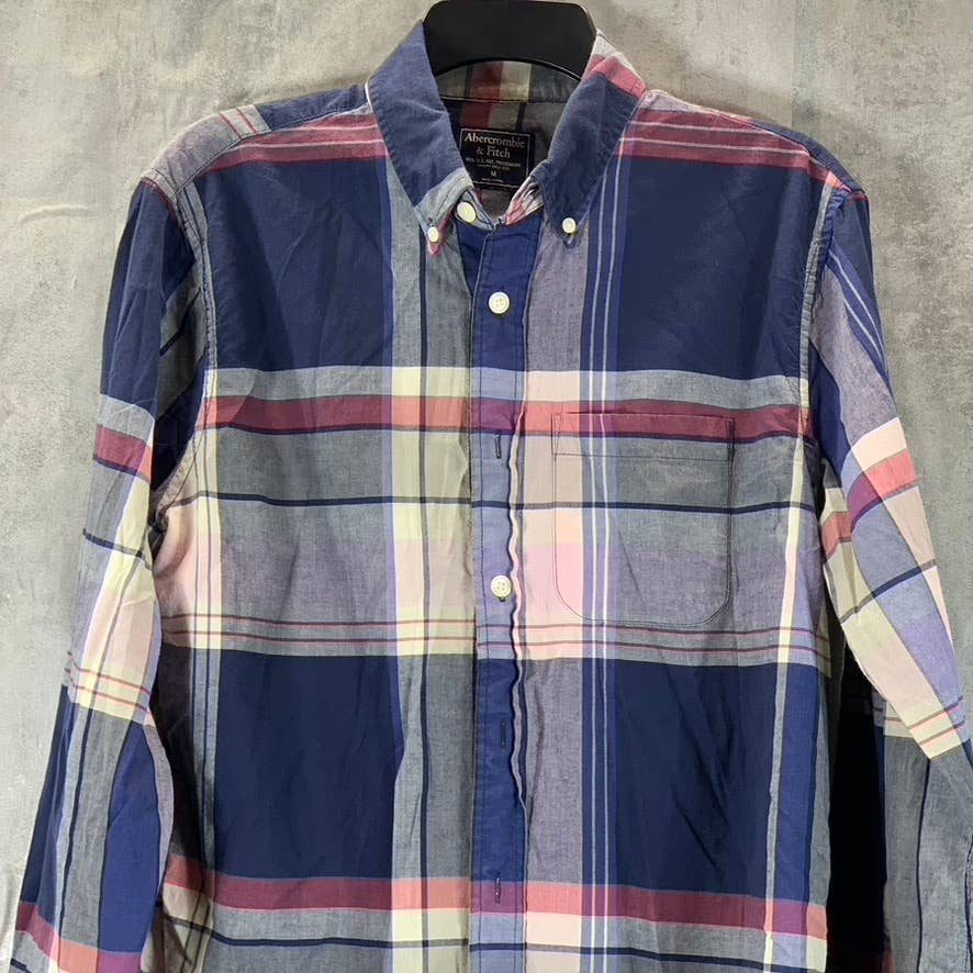 ABERCROMBIE & FITCH Men's Navy/Pink Madras Large Check Button-Up Shirt SZ M