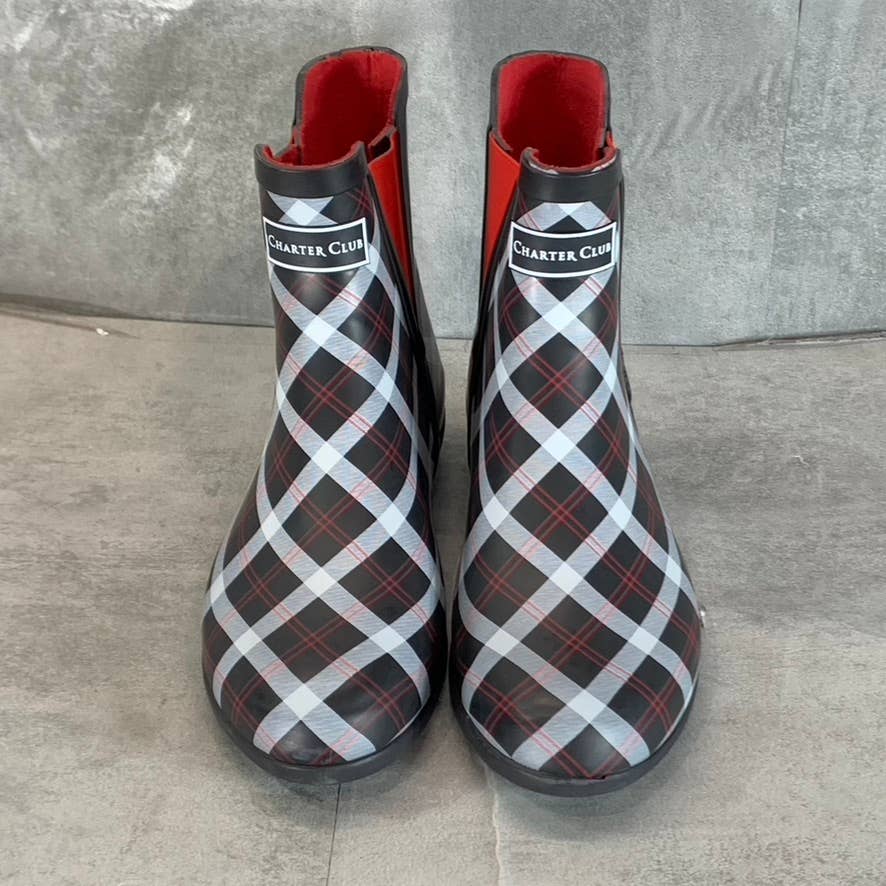 CHARTER CLUB Women's Black/Red Cloudburst Pull-On Rain Boots SZ 9