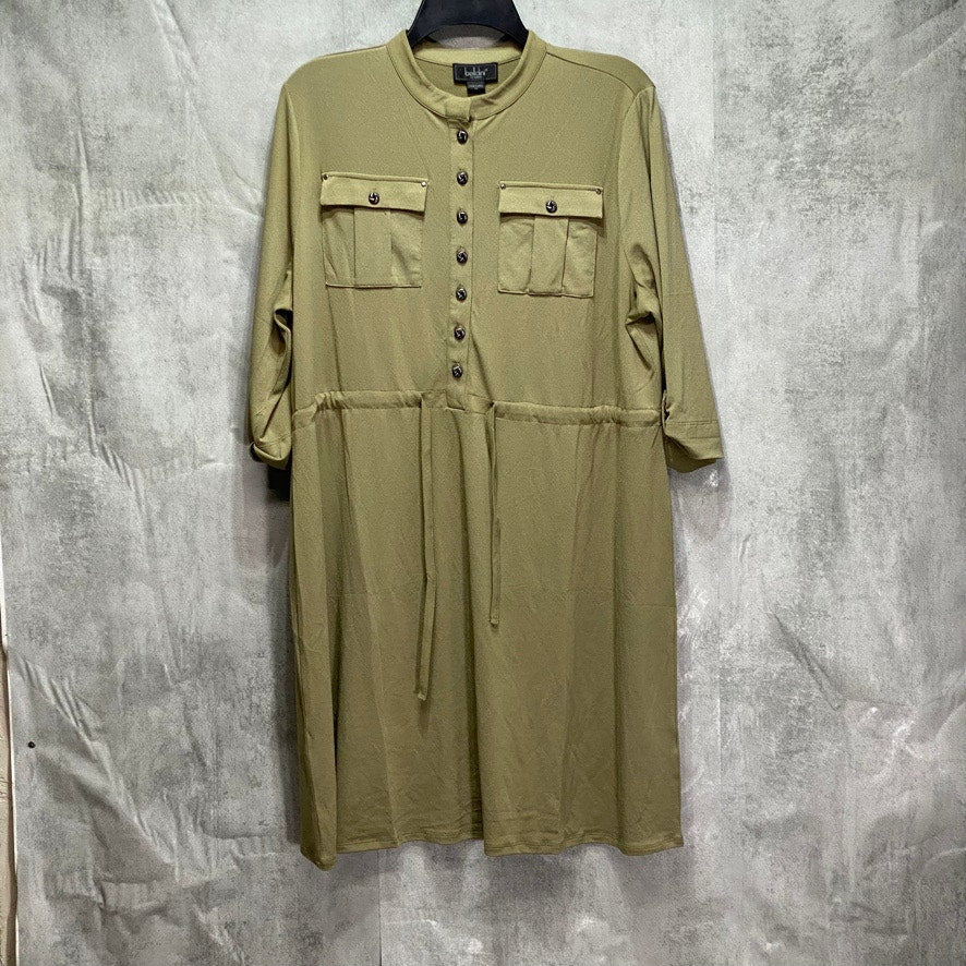 BELLDINI LOS ANGELES Plus Size Covert Green 3/4 Sleeve Mandarin Collar Drawstring Waist Dress SZ 1X