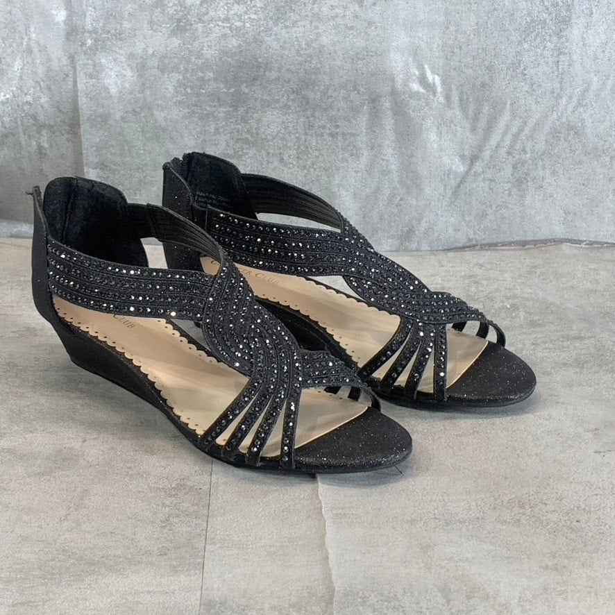 CHARTER CLUB Women's Black Glitter Rhinestone Ginifur Wedge Sandals SZ 8