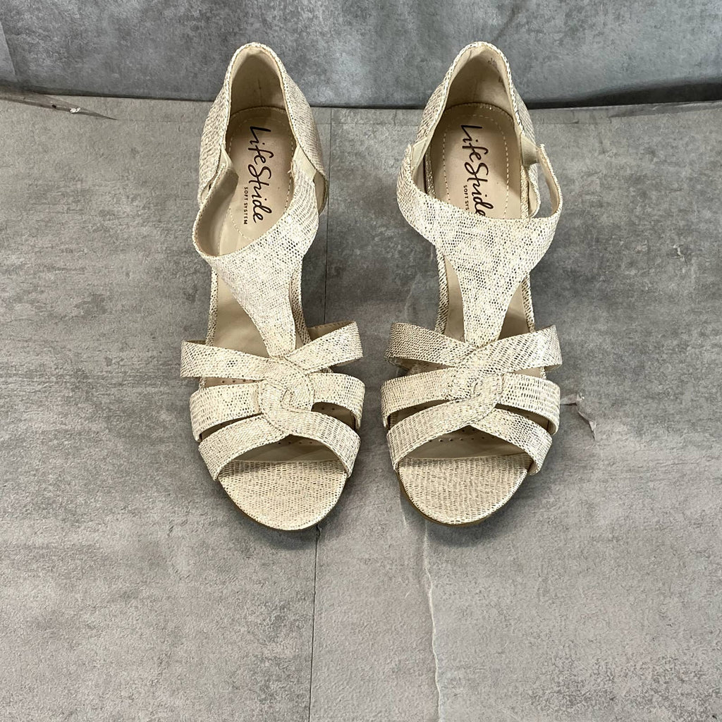 LIFESTRIDE Women's Platinum Faux Leather Caramel Open-Toe City Sandals SZ 5.5