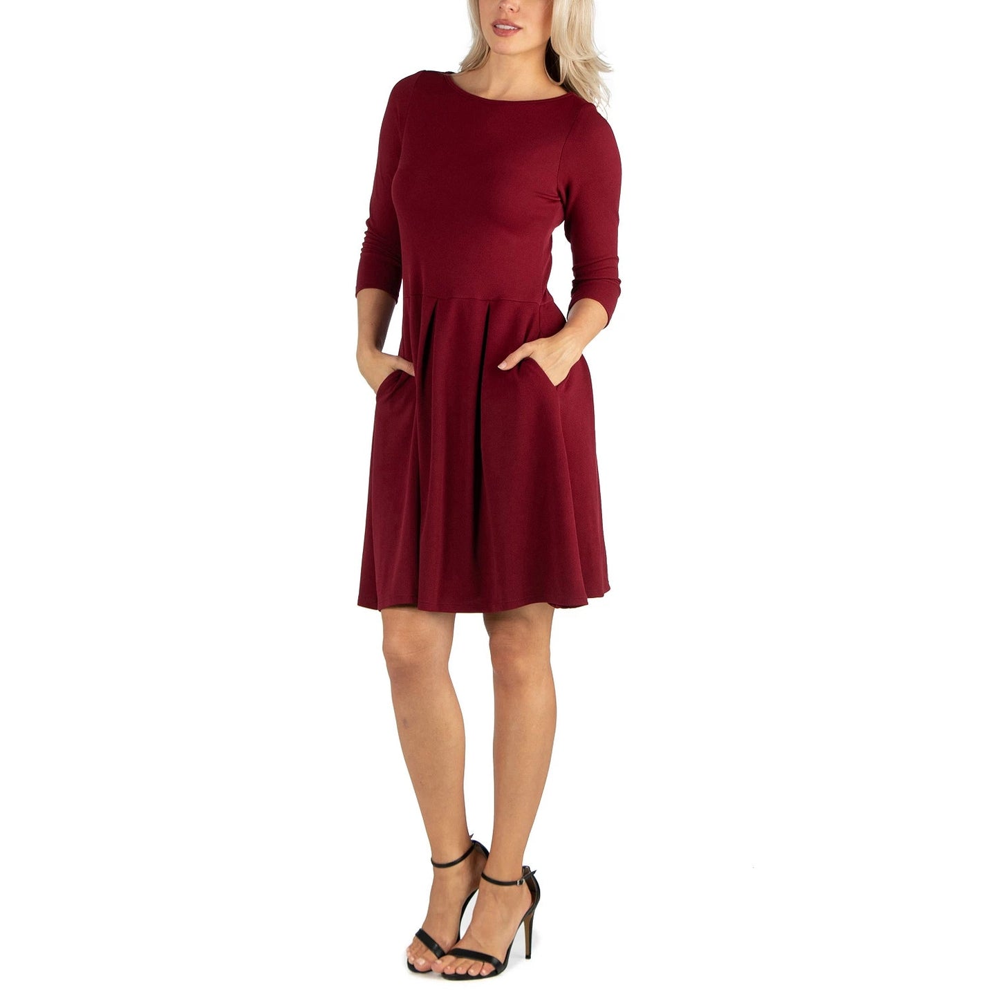 24/7 COMFORT APPAREL Women's Burgundy 3/4 Sleeve Fit & Flare Two-Pocket Mini Dress SZ M