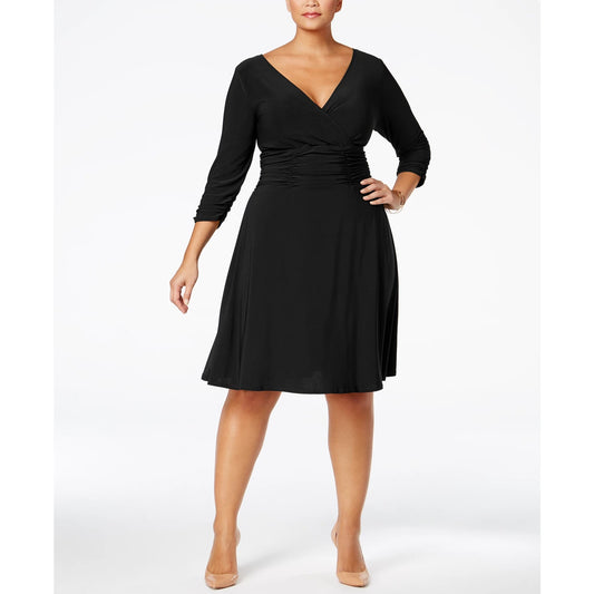 NY COLLECTION Plus Size Solid Black 3/4 Sleeve Ruched Waist Pull-Over A-Line Dress SZ 3X