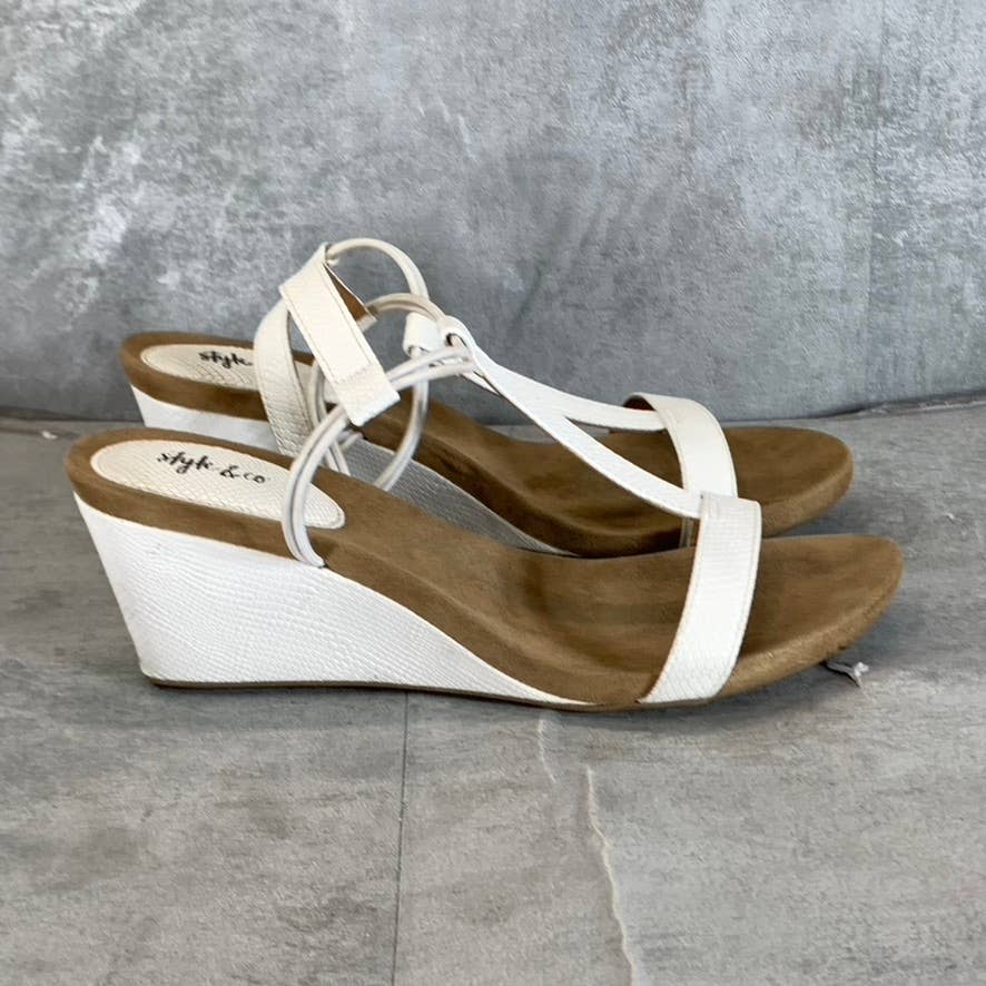 STYLE & Co Women’s White Mulan Round-Toe T-Strap Slingback Wedge Sandals SZ 9.5