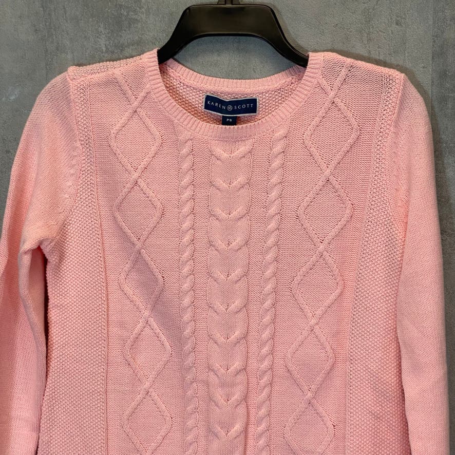 KAREN SCOTT Women's Petite Soft Pink Diamond-Center Cable-Knit Crewneck Pullover Sweater SZ P/S