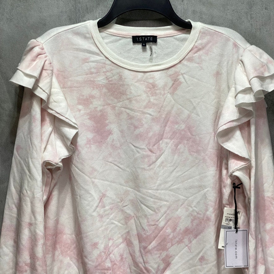 1. STATE Plus Size Pink Tie-Dye Ruffled Shoulder Crewneck Pullover Sweatshirt SZ 1X