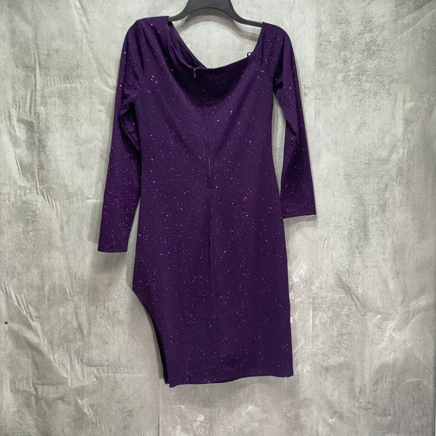 CITY STUDIO Junior's Purple Glitter Asymmetrical Long-Sleeve Cutout Bust Mini Dress SZ XL