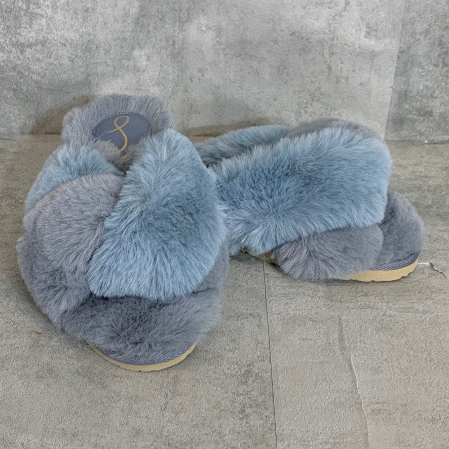 SAM EDELMAN Blue Grey Faux Fur Cross Band Jaley Slip-On Slippers SZ 7