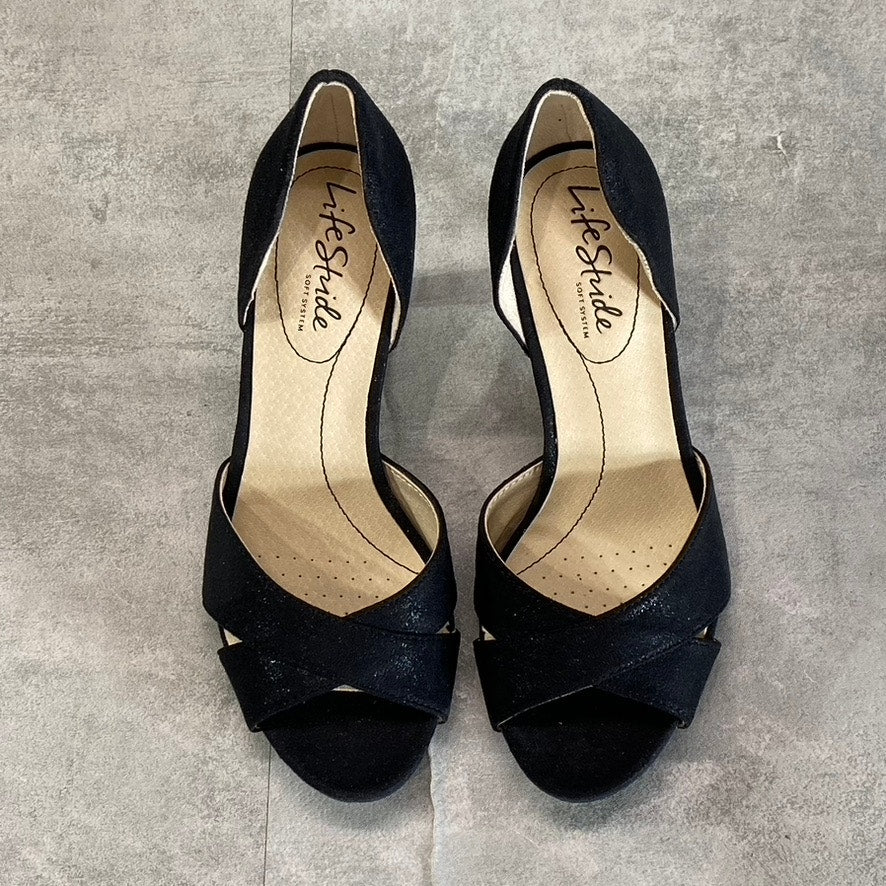 LIFESTRIDE Women's Black Glitter Mykonos Round Open-Toe Slip-On Pumps SZ 5.5