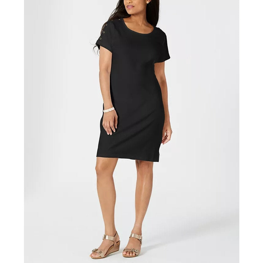 KAREN SCOTT Sport Women's Deep Black 3/4 Button-Shoulder Sleeve Pullover Dress SZ S