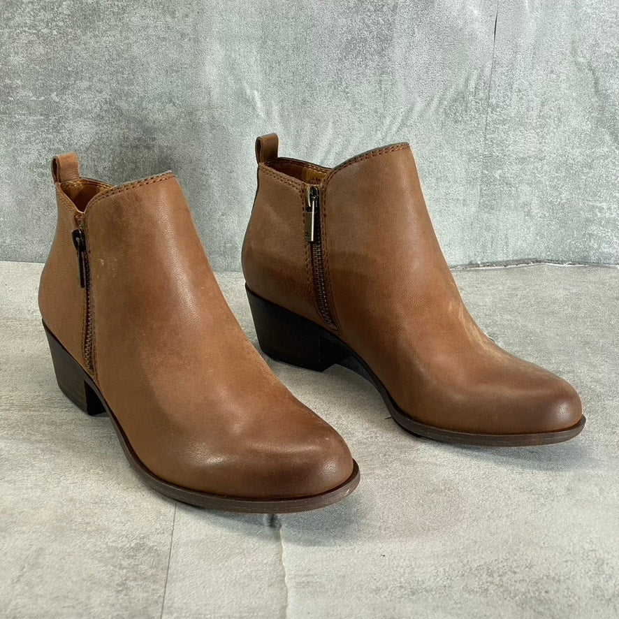 LUCKY BRAND Women's Toffee Barillos Leather Basel Double Side-Zip Block-Heel