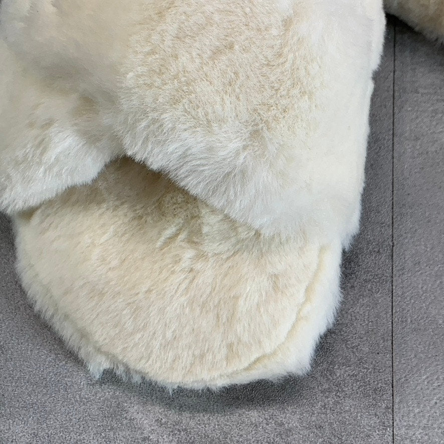 NINE WEST Women's Light Natural Fabric Cozy Faux-Fur Cross Band Slide Sandals