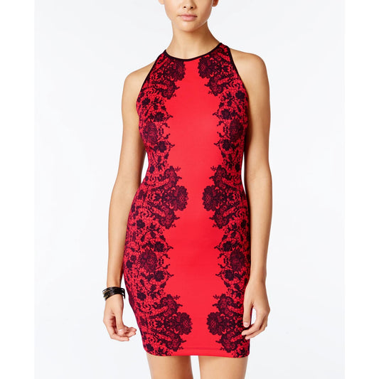 B. DARLIN Juniors' Red High-Neck Sleeveless Floral Bodycon Mini Dress SZ 0