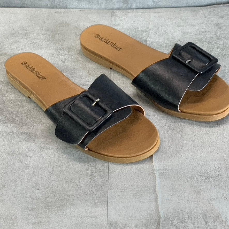 OLIVIA MILLER Women's Black Mia Buckle Round-Toe Slide Sandals SZ 10