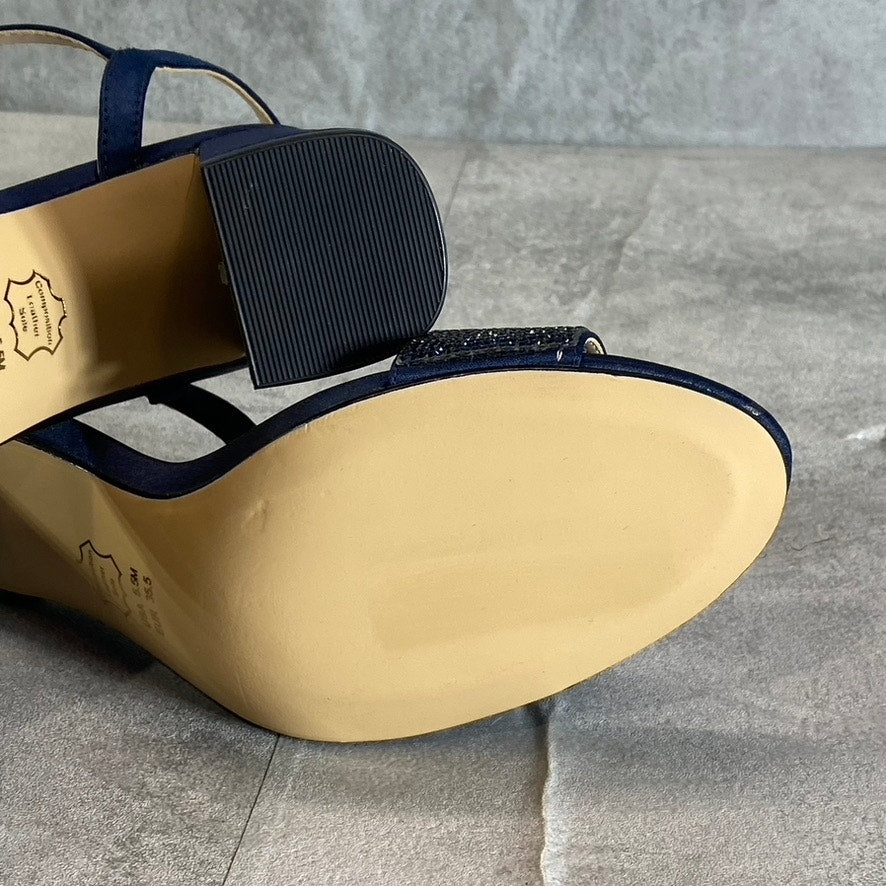 NINA Women's New Navy Satin Haven Rhinestone Ankle-Strap Block-Heel Sandals