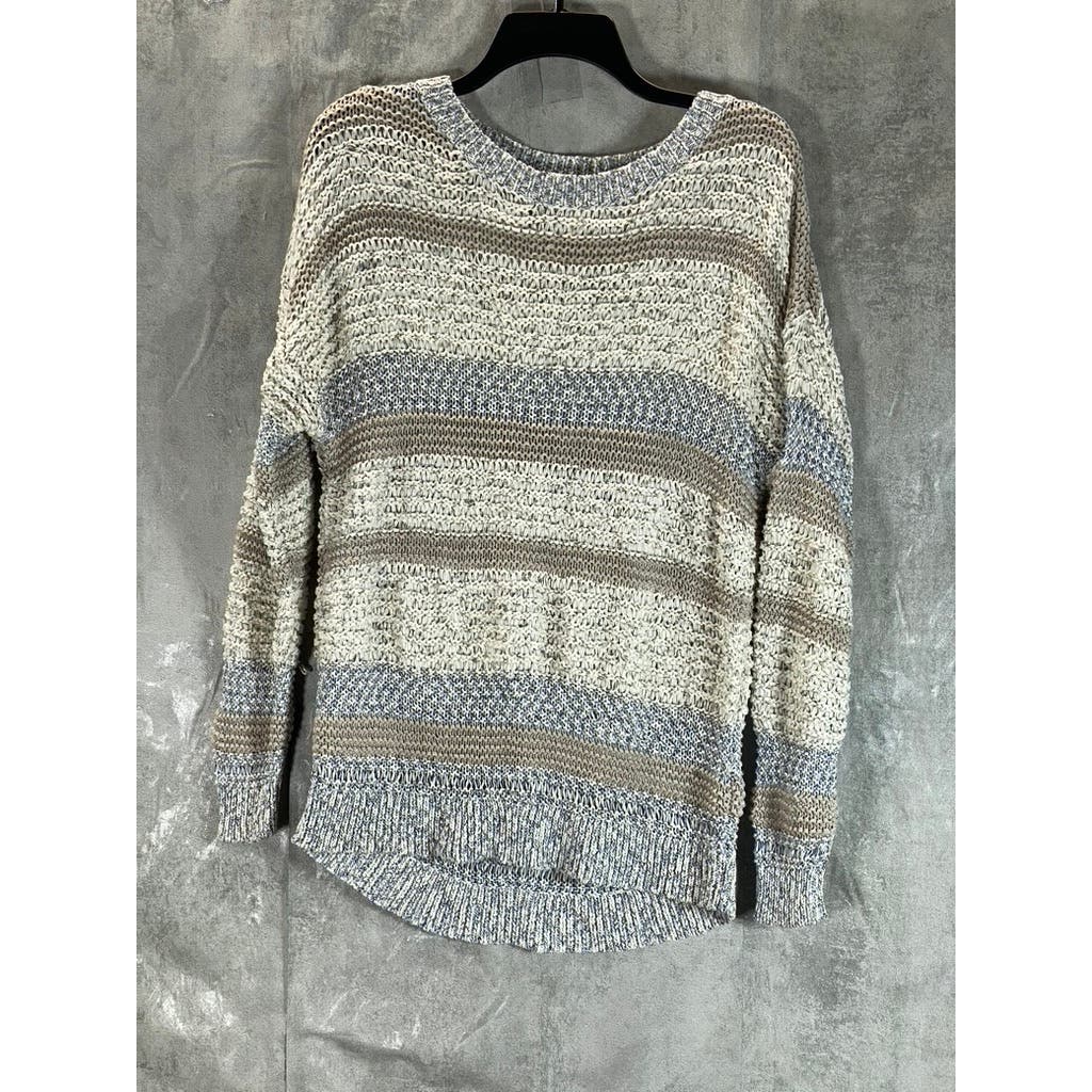 LEITH Women's Cream Striped Crewneck Knit Long Sleeve Pullover Sweater SZ M