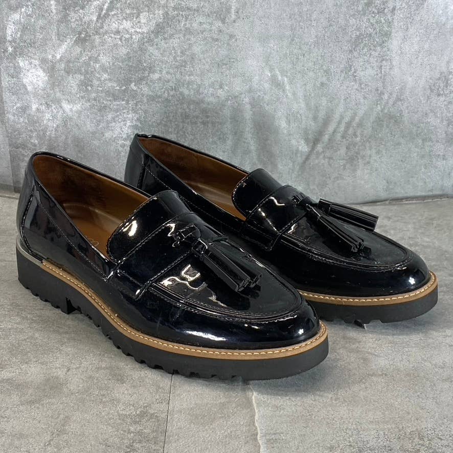 FRANCO SARTO Women's Black Patent Carolynn Almond-Toe Lug Sole Loafers SZ 9.5