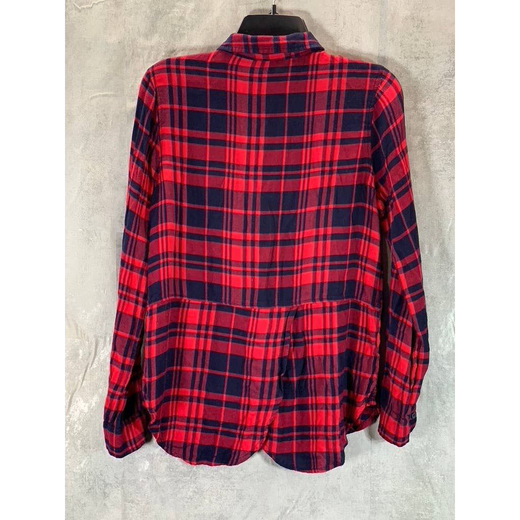 LUCKY BRAND Women's Red-Navy Plaid Classic-Fit Button-Up Shirt SZ S