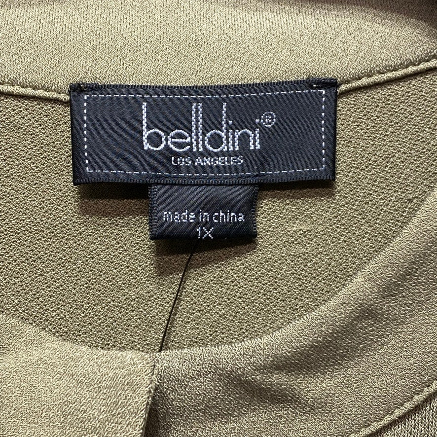 BELLDINI LOS ANGELES Plus Size Covert Green 3/4 Sleeve Mandarin Collar Drawstring Waist Dress SZ 1X