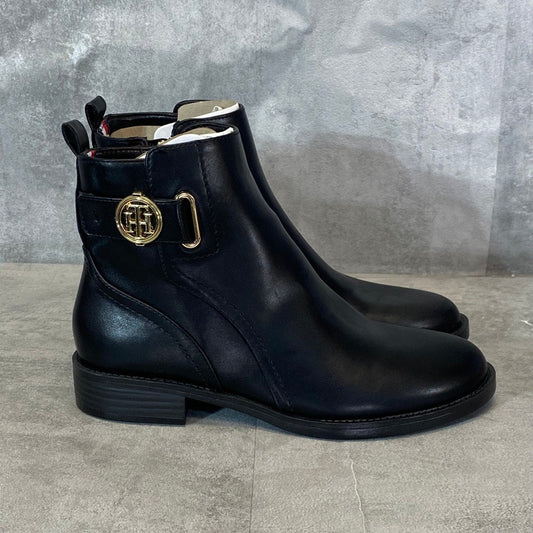 TOMMY HILFIGER Black Rezin Logo Buckle Zip-Up Block Heel Ankle Boots SZ 6.5