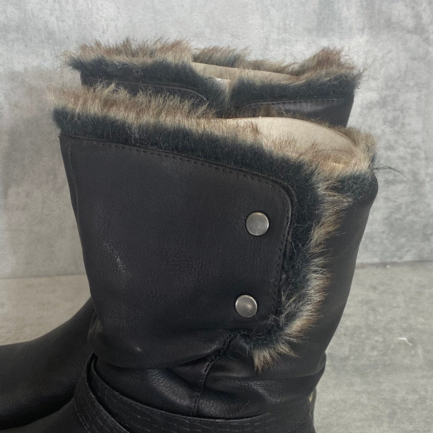 GC. SHOES Black Bailey Faux Fur Inside Zip Round-Toe Block Heel Boots SZ 6.5