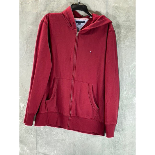 TOMMY HILFIGER Men's Red Casual Zip-Up Fleece Hooded Sweatshirt SZ L