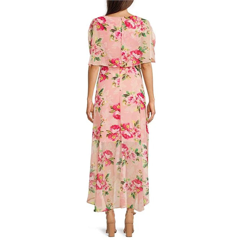 JESSICAS HOWARD Women's Petite Blush Floral Print Short Split Sleeve Tie Waist