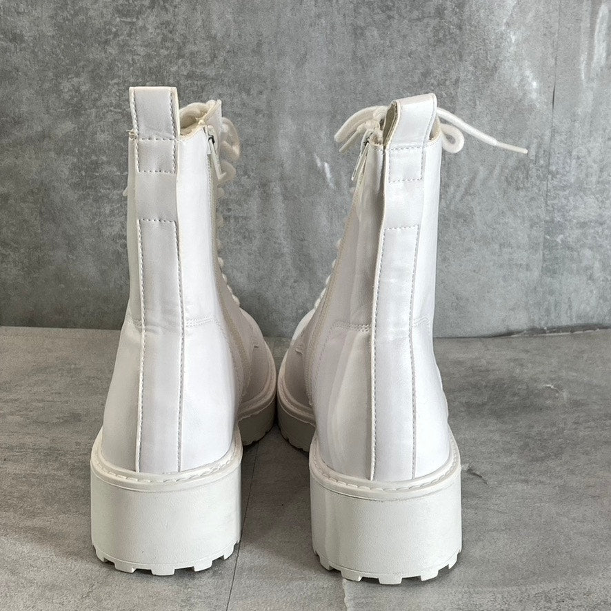 OLIVIA MILLER Women's White Crystal Lug Sole Side-Zip Lace-Up Combat Boots SZ 10