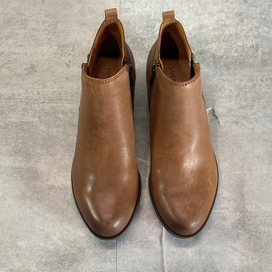 LUCKY BRAND Women's Toffee Barillos Leather Basel Double Side-Zip Block-Heel