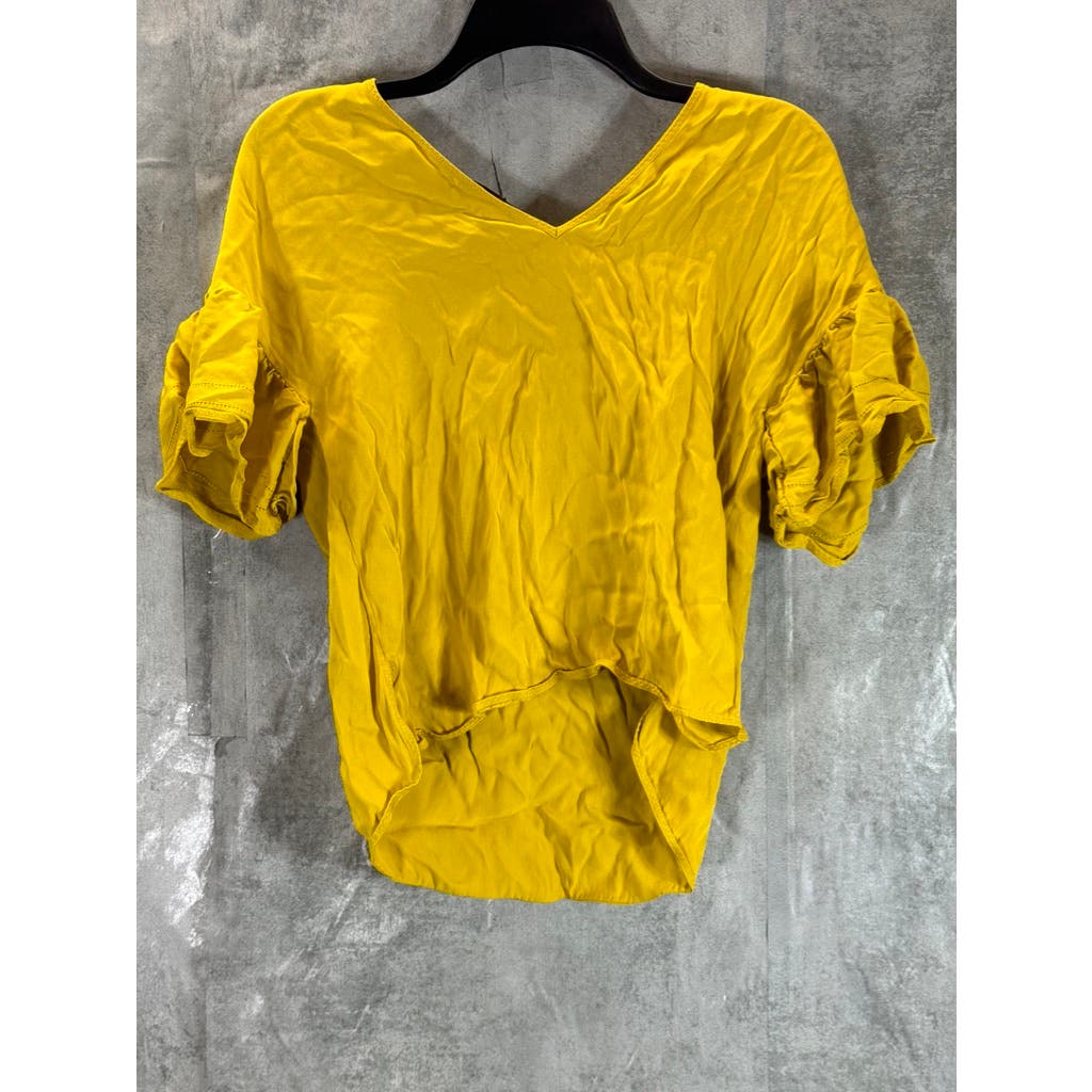 MASSIMO DUTTI Women's Mustard V-Neck Back-Tie Flutter Sleeve Top SZ 2