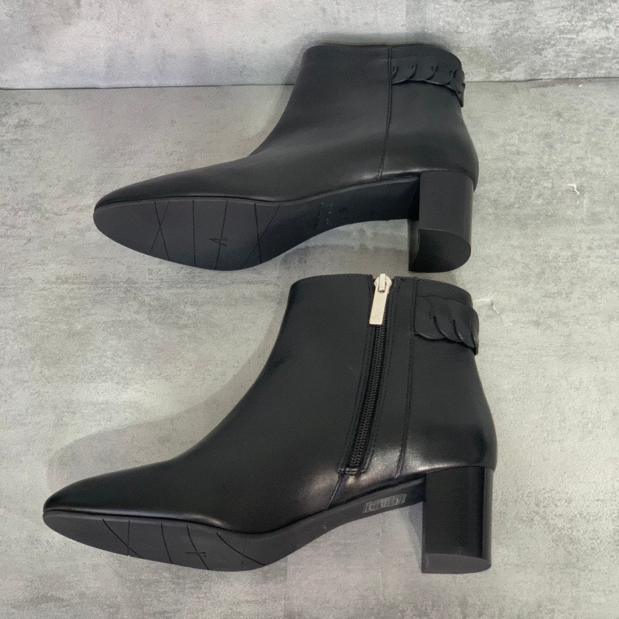 AQUATALIA Black Leather Feliciana Weatherproof Pull-On Side Zipper Block Heel Ankle Booties SZ 9