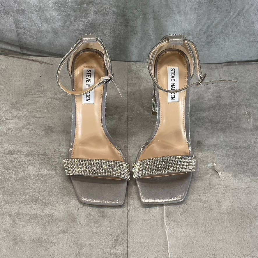 STEVE MADDEN Women's Silver Rhinestone Tiaa Square-Toe Two-Piece Sandals SZ 7