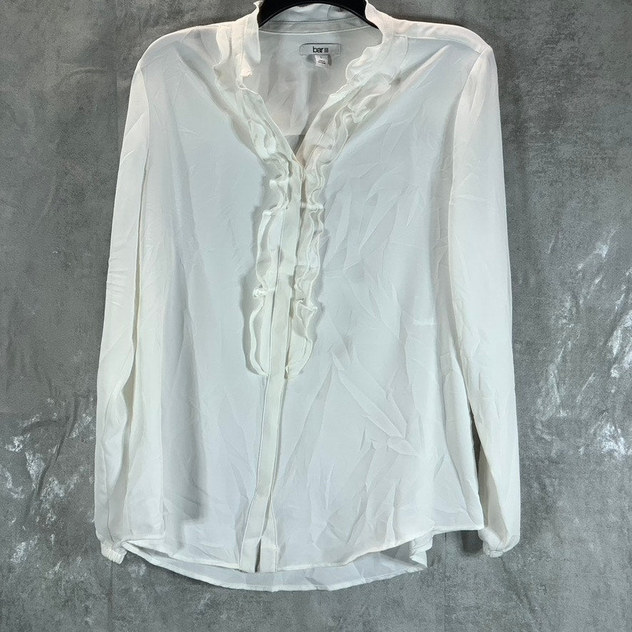 BAR III Women's Lilly White Ruffled Button-Front V-Neck Long-Sleeve Blouse SZ L